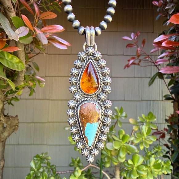 Handmade Jewelry - Gorgeous Custom Royston Turquoise & Amber Sterling Silver Pendant